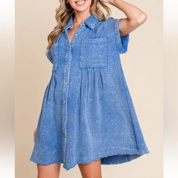 Mineral wash gauze mini dress in blue - Picture 2 of 3